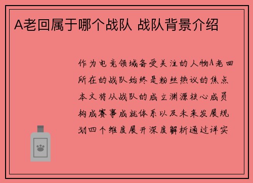 A老回属于哪个战队 战队背景介绍